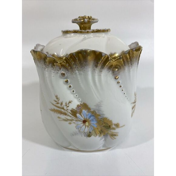 Antique A Lanternier Limoges France Hand Painted Lidded Biscuit Jar Tea Caddy 7" - Picture 6 of 12